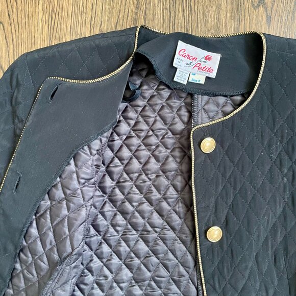 Caron Petite Vintage Quilted Jacket Black Gold Trim Button Front Cropped USA - Picture 4 of 7